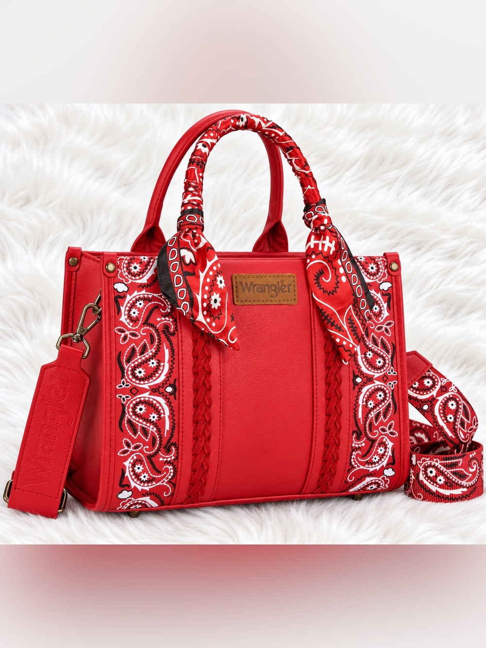 Wrangler Red Bandana Paisley Western Tote Bag with Crossbody Strap
